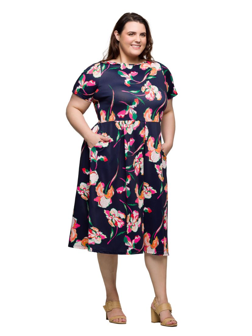 Plus Size Navy Floral Short Sleeve Pleated Flare Midi Pocket Dress
