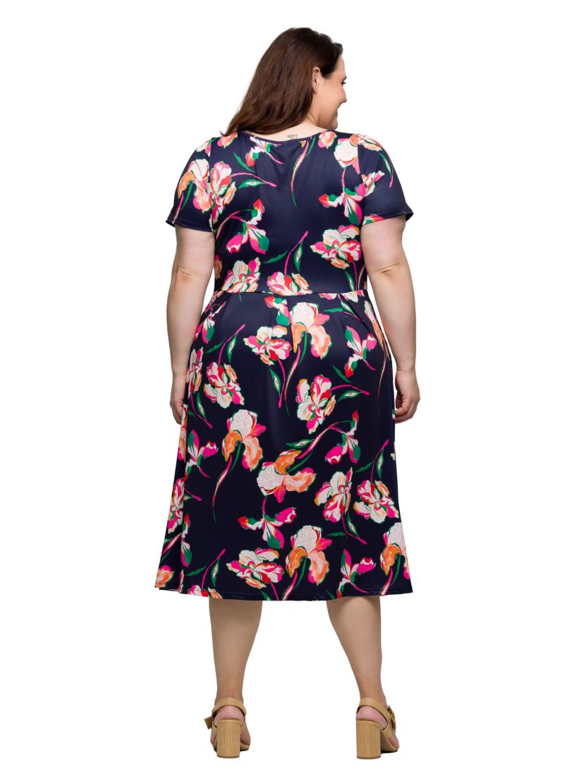 Plus Size Navy Floral Short Sleeve Pleated Flare Midi Pocket Dress