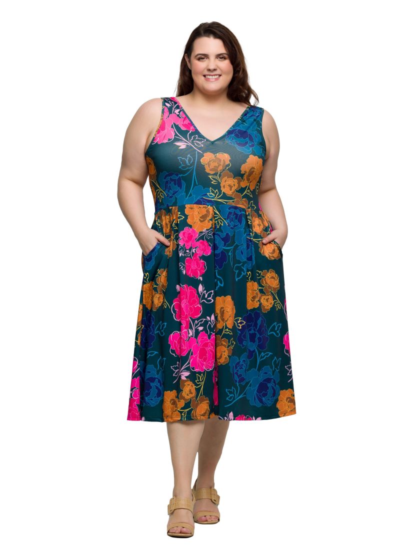 Plus Size Midi Length Blue Floral Print Sleeveless Pleated Pocket Dress