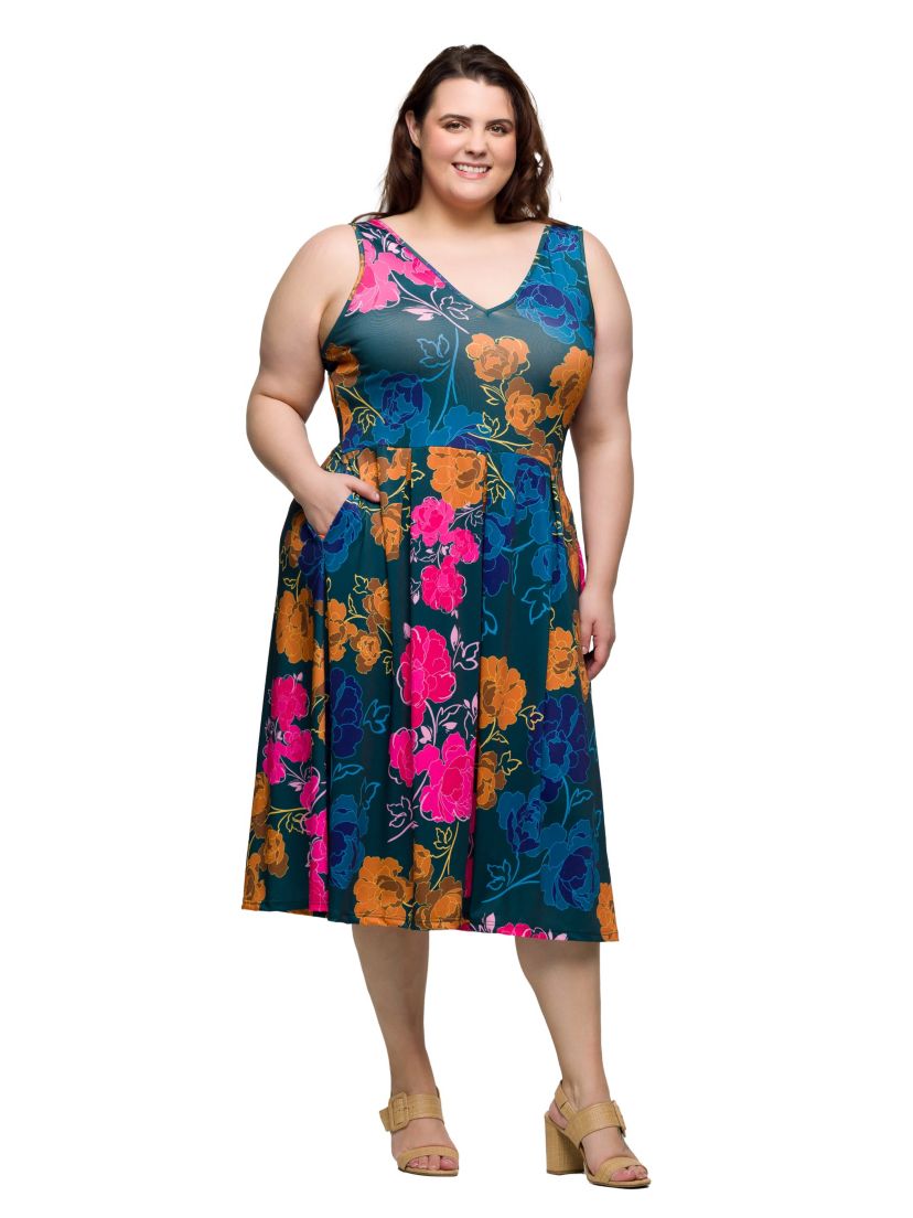 Plus Size Midi Length Blue Floral Print Sleeveless Pleated Pocket Dress