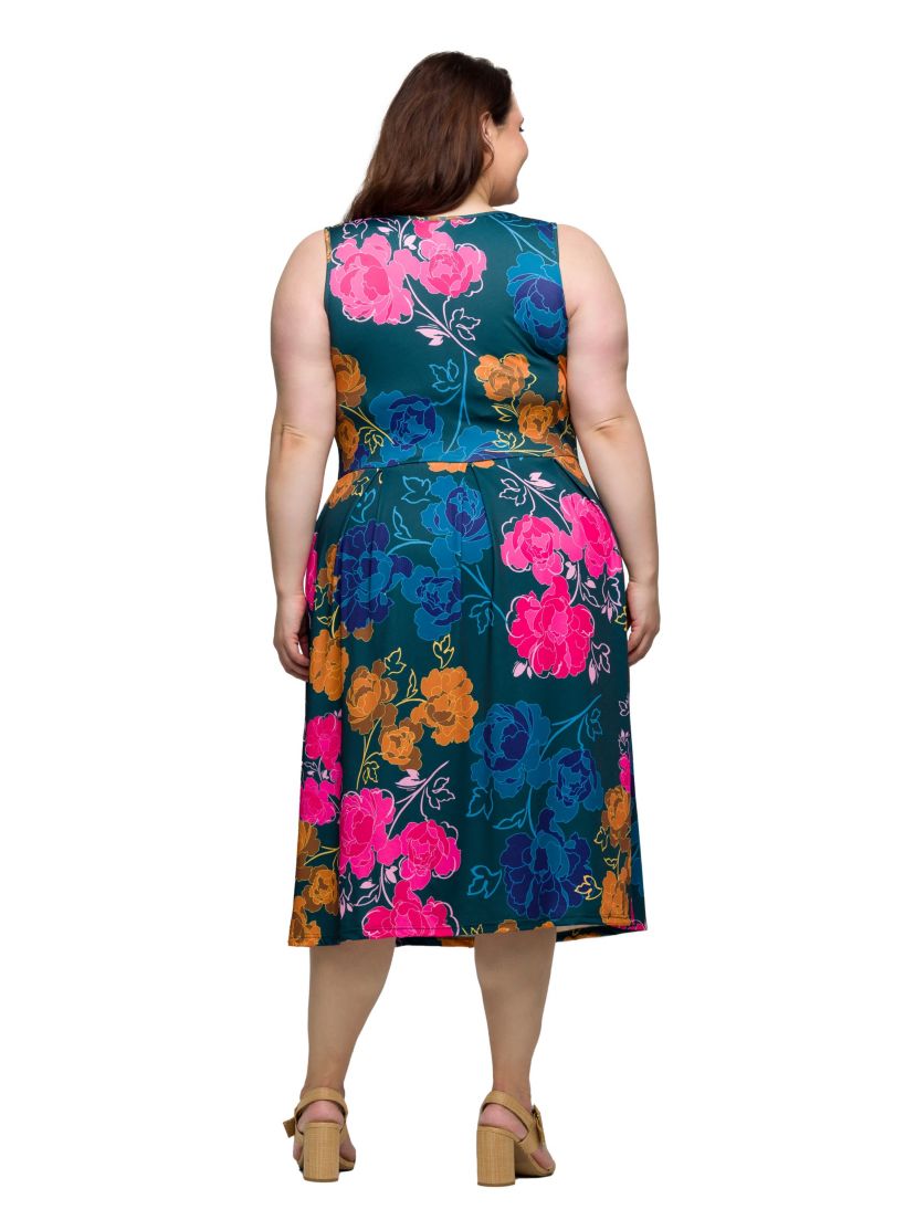Plus Size Midi Length Blue Floral Print Sleeveless Pleated Pocket Dress