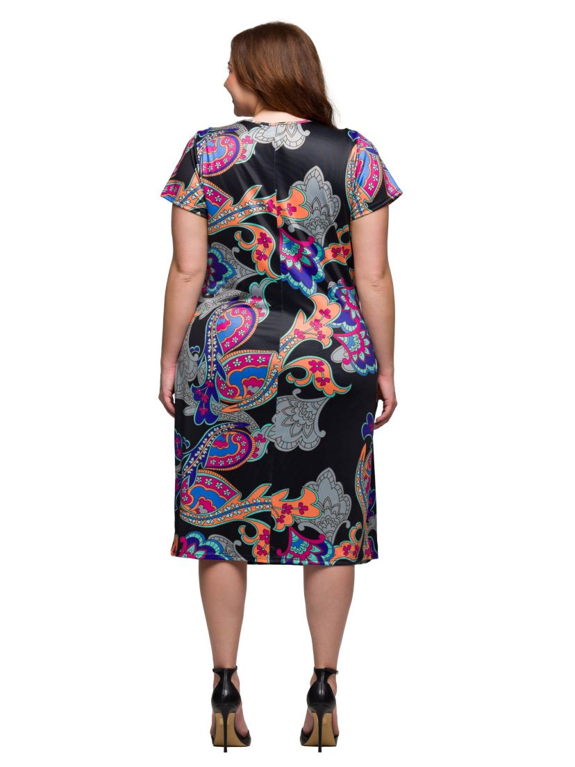 Plus Size Black Paisley Knee Length Short Sleeve Faux Wrap Dress