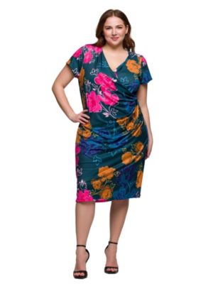 24seven Comfort Apparel Women's Plus Size Blue Floral Knee Length Short Sleeve Faux Wrap Dress