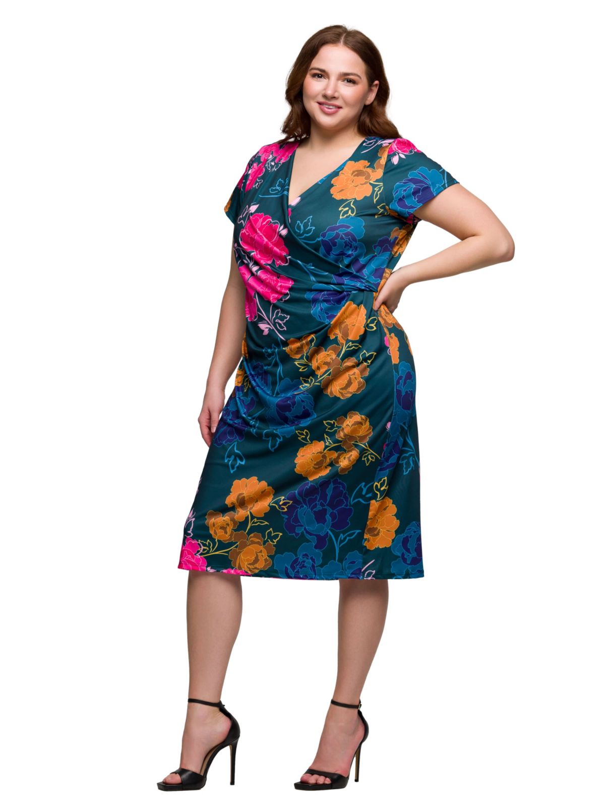 Plus Size Blue Floral Knee Length Short Sleeve Faux Wrap Dress