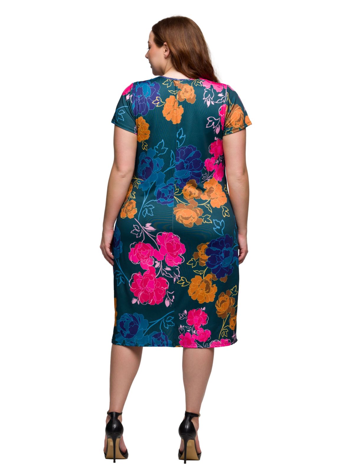 Plus Size Blue Floral Knee Length Short Sleeve Faux Wrap Dress
