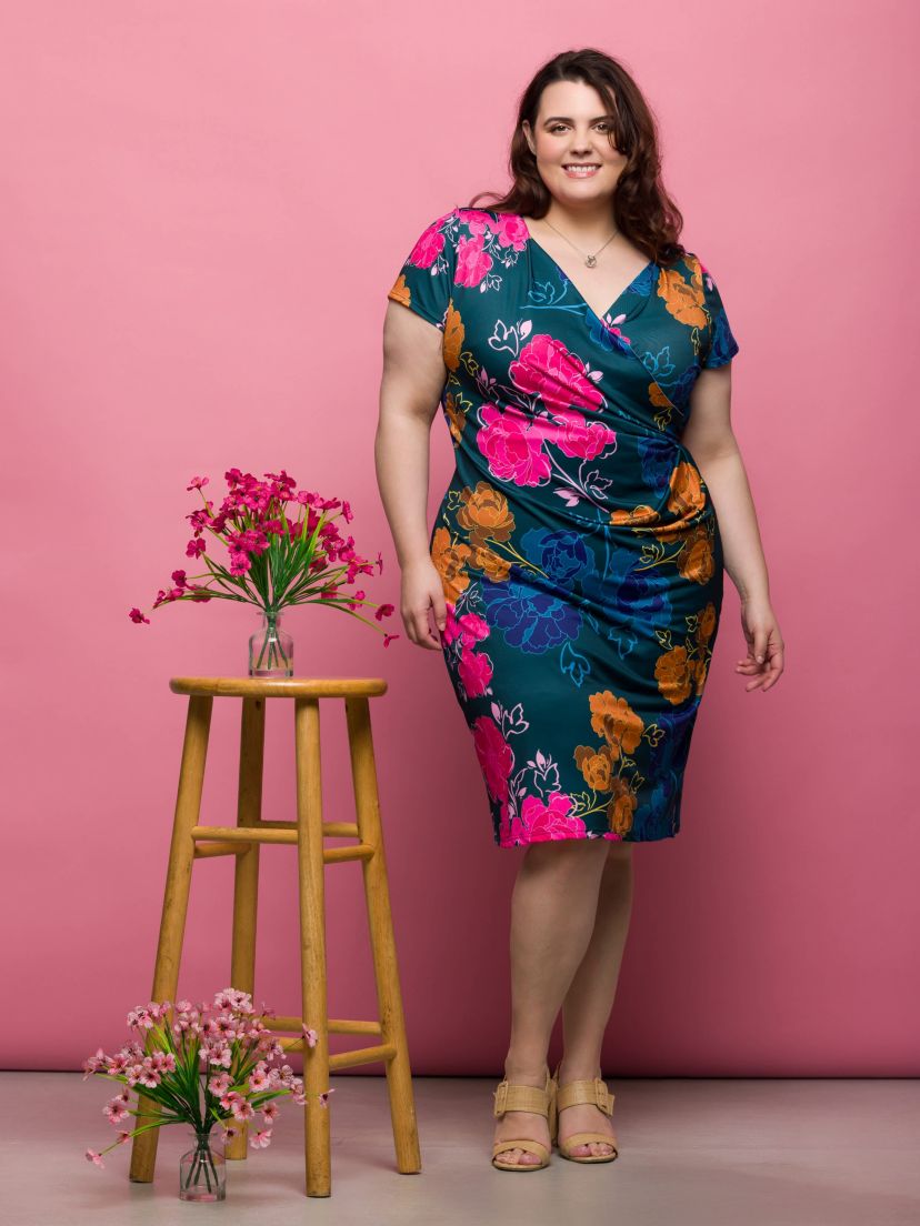 Plus Size Blue Floral Knee Length Short Sleeve Faux Wrap Dress