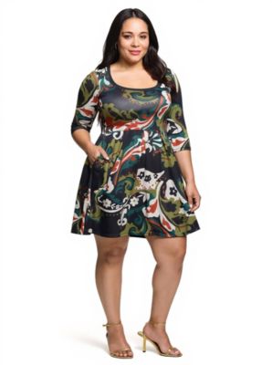 24seven Comfort Apparel Womens Plus Size Three Quarter Sleeve Fit and Flare Dress in Green Multi Paisley Print