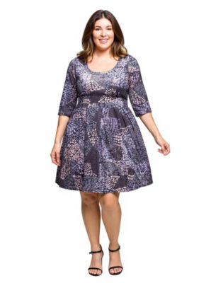 24seven Comfort Apparel Womens Plus Size Three Quarter Sleeve Fit and Flare Dress in Grey Print