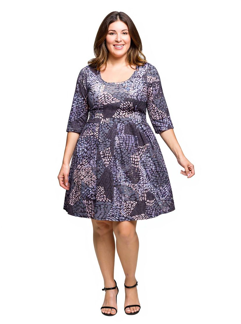 Womens Plus Size Three Quarter Sleeve Fit and Flare Dress in Grey Print