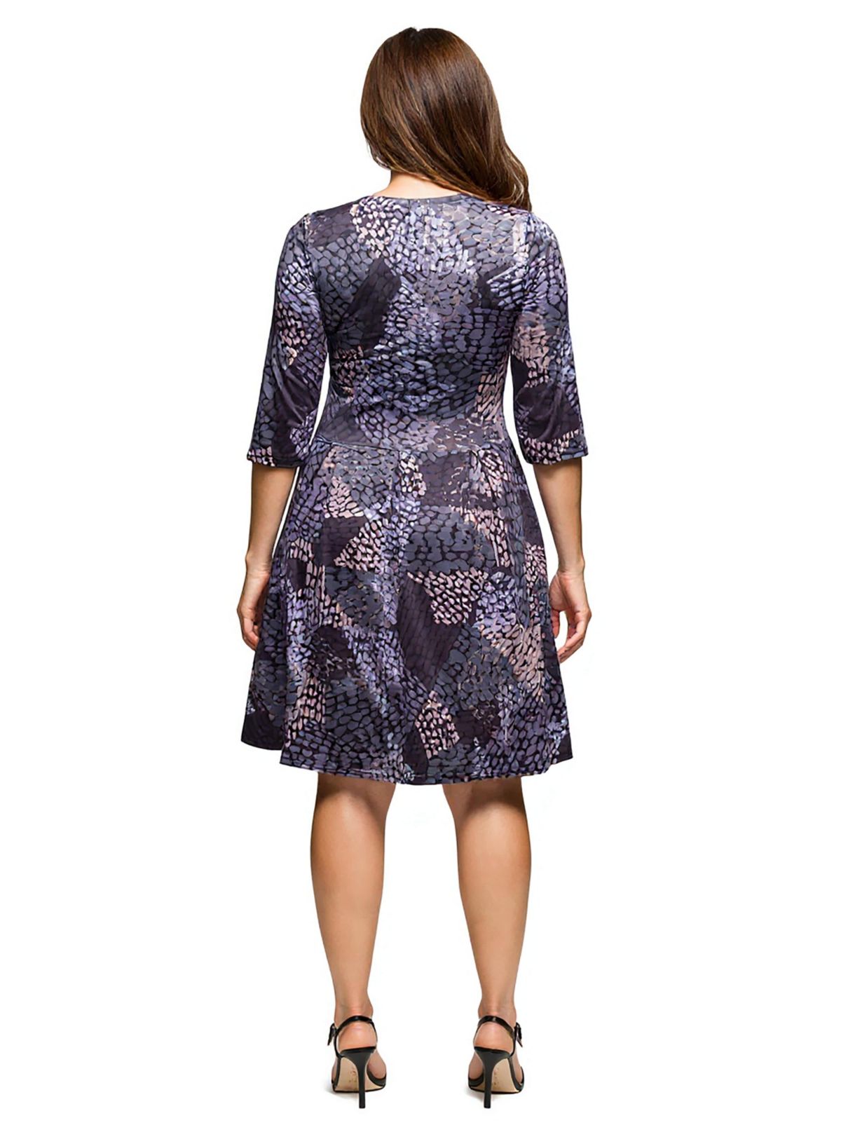 Womens Plus Size Three Quarter Sleeve Fit and Flare Dress in Grey Print