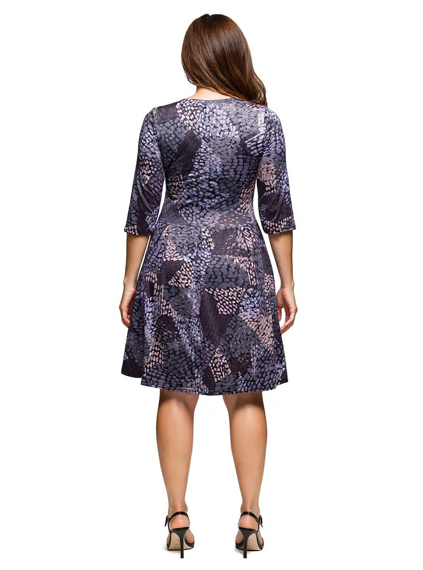 Womens Plus Size Three Quarter Sleeve Fit and Flare Dress in Grey Print