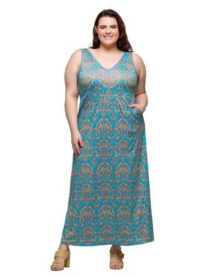 24seven Comfort Apparel Women's Plus Size Sky Blue Sleeveless V Neck Maxi Dress With Pockets