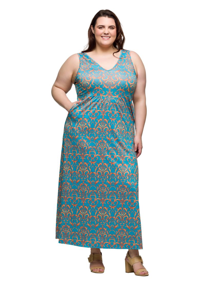 Plus Size Sky Blue Sleeveless V Neck Maxi Dress With Pockets
