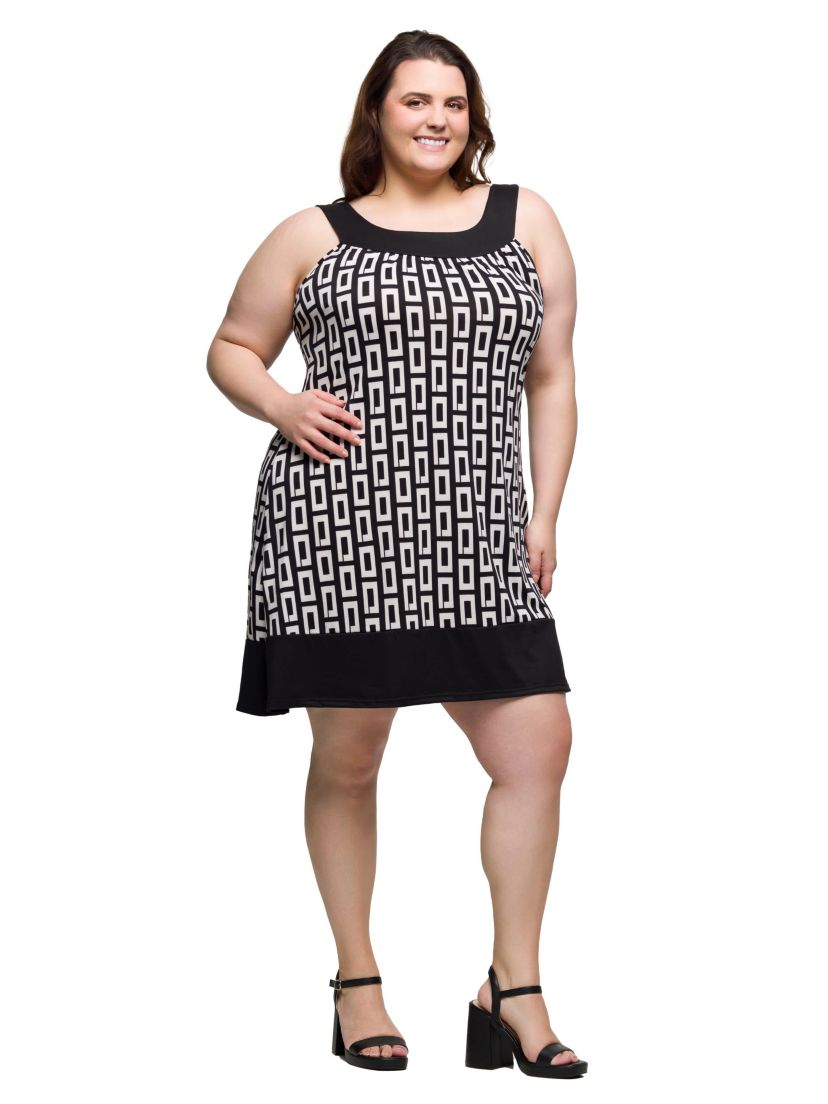 Plus Size Black and White Scoop Neck Sleeveless Knee Length Dress
