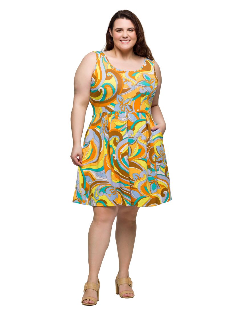 Plus Size Yellow Paisley Sleeveless Pleated Knee Length Pocket Dress