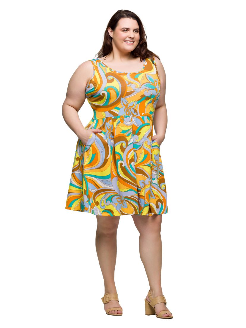 Plus Size Yellow Paisley Sleeveless Pleated Knee Length Pocket Dress