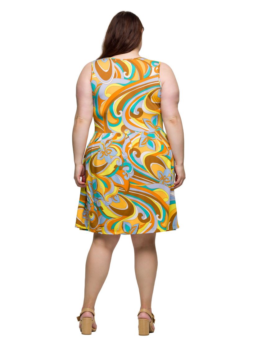 Plus Size Yellow Paisley Sleeveless Pleated Knee Length Pocket Dress