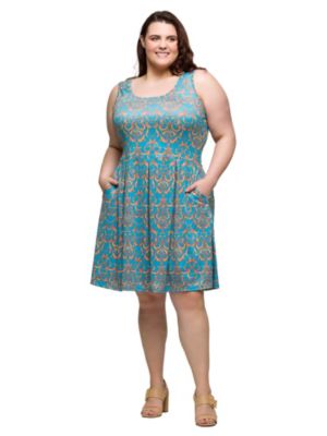 24seven Comfort Apparel Women's Plus Size Sky Blue Sleeveless Pleated Knee Length Pocket Dress