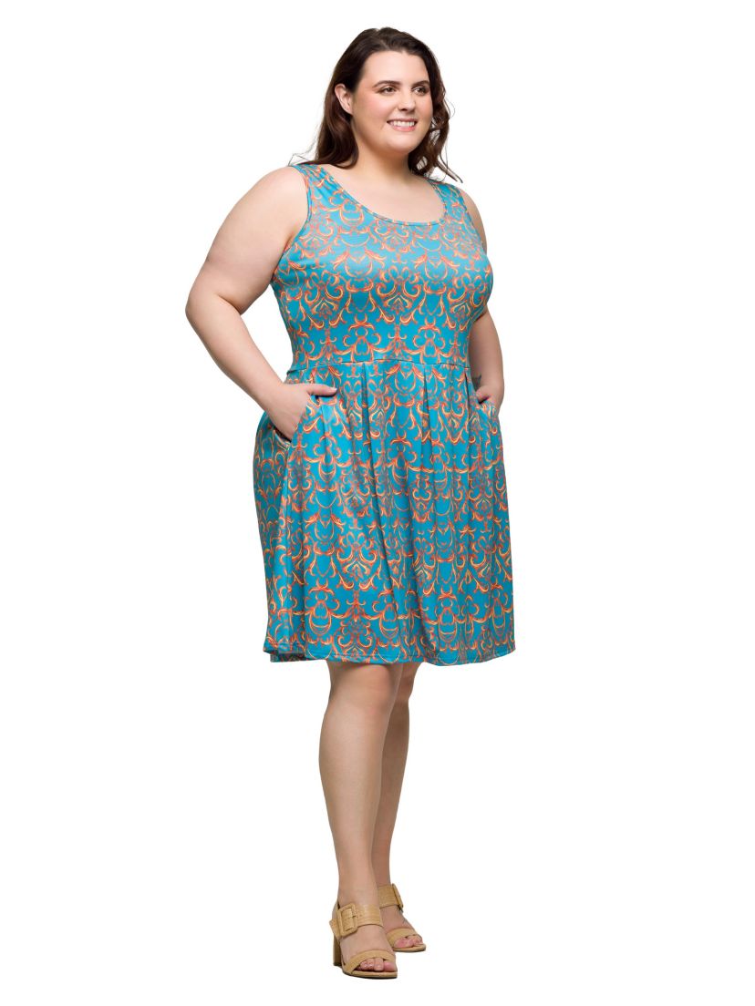 Plus Size Sky Blue Sleeveless Pleated Knee Length Pocket Dress