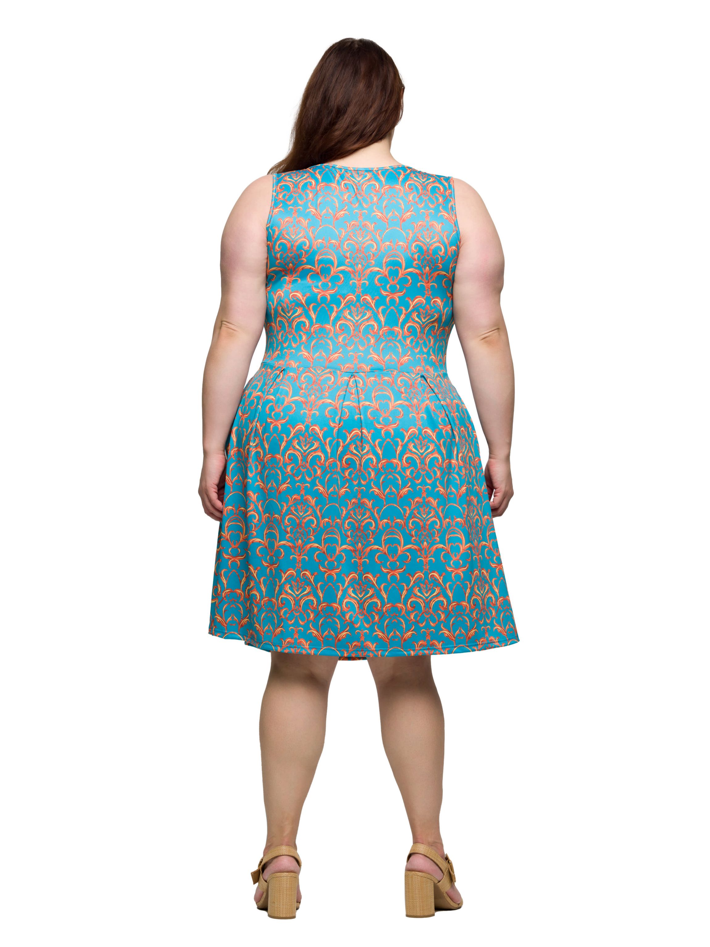Plus Size Sky Blue Sleeveless Pleated Knee Length Pocket Dress
