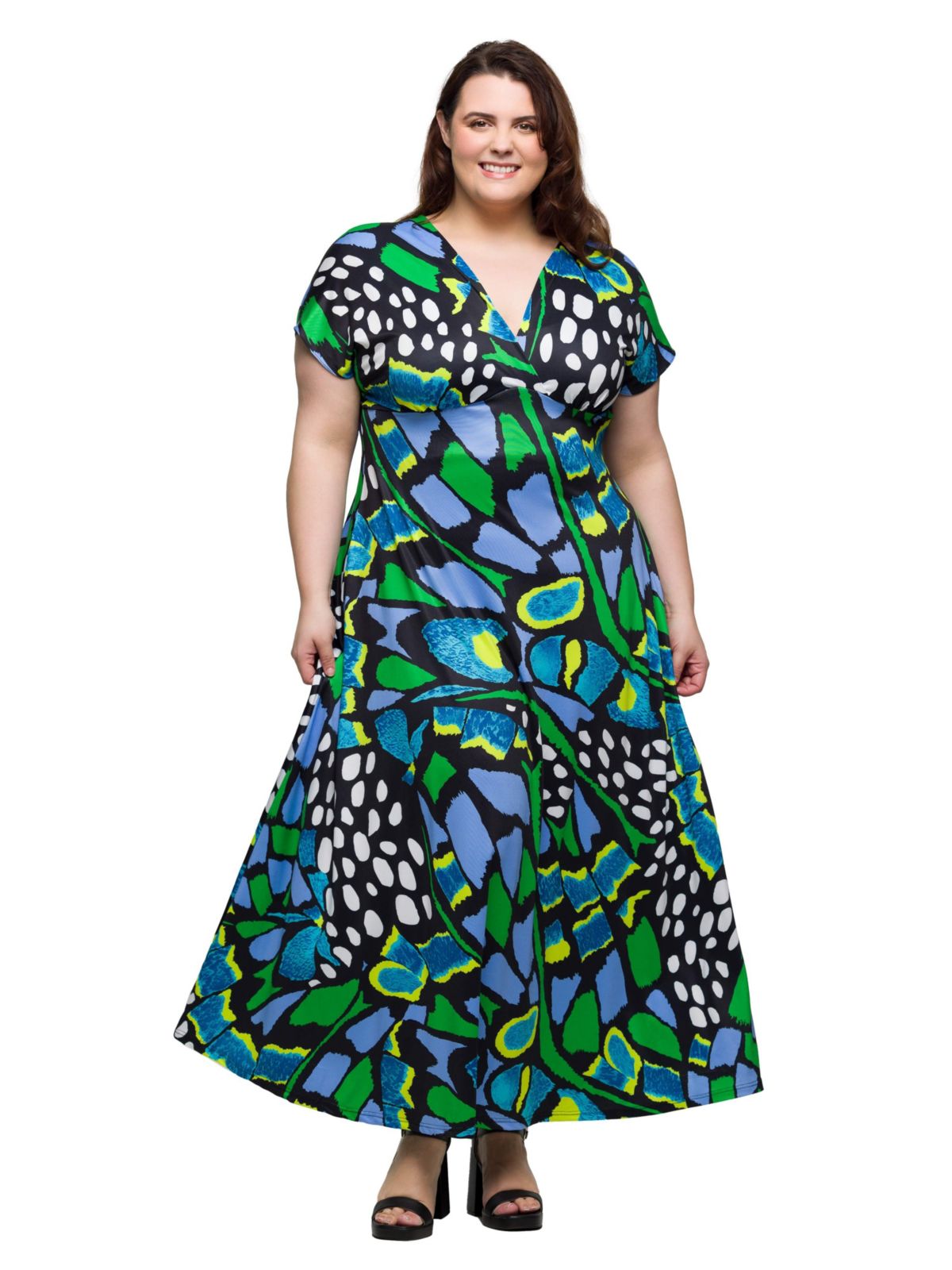 Plus Size Blue Butterfly Print V Neck Empire Waist Cap Sleeve Maxi Dress
