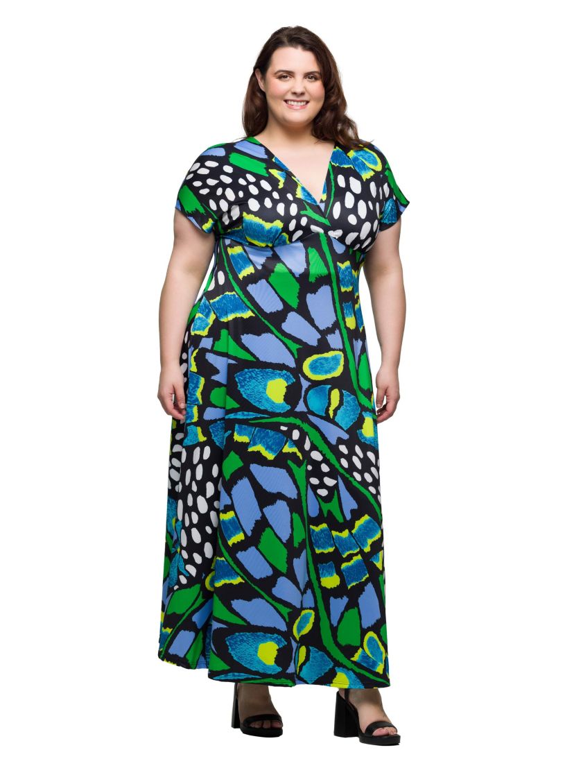 Plus Size Blue Butterfly Print V Neck Empire Waist Cap Sleeve Maxi Dress