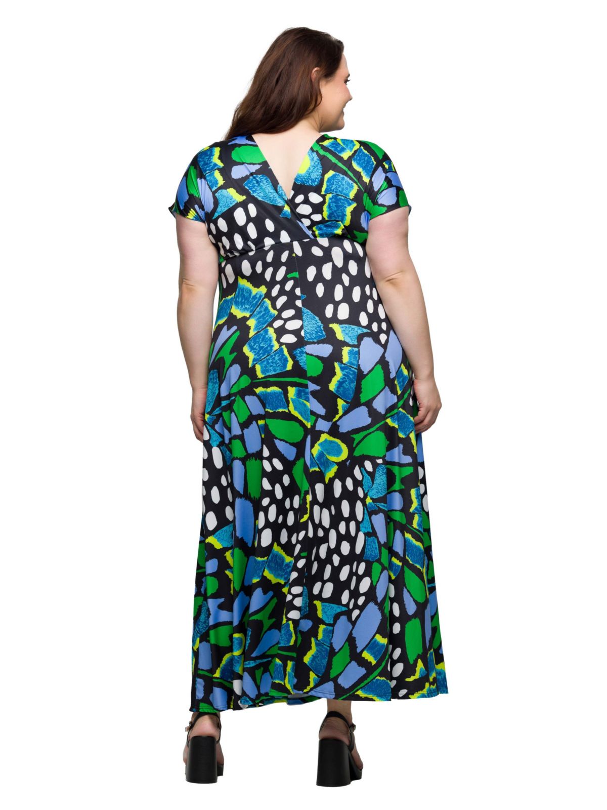 Plus Size Blue Butterfly Print V Neck Empire Waist Cap Sleeve Maxi Dress