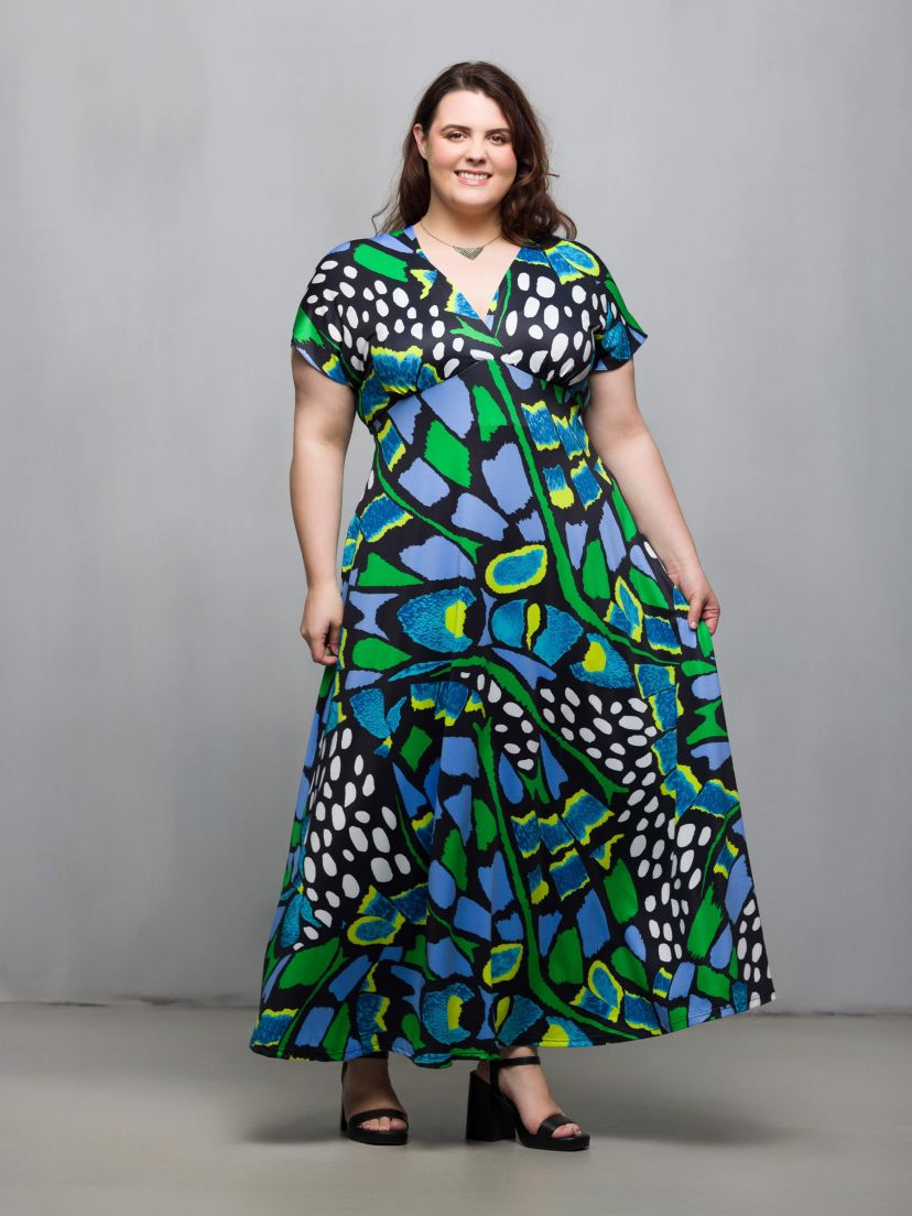 Plus Size Blue Butterfly Print V Neck Empire Waist Cap Sleeve Maxi Dress