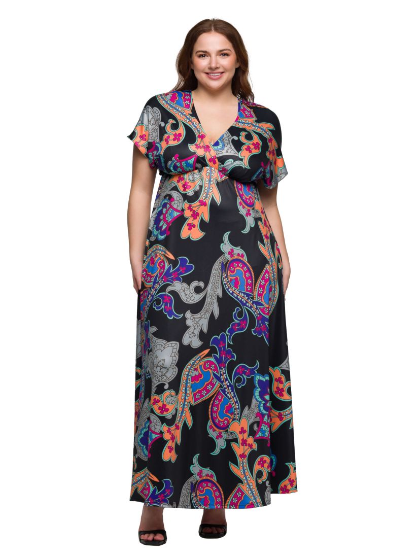 Plus Size Black Paisley Print V Neck Empire Waist Cap Sleeve Maxi Dress