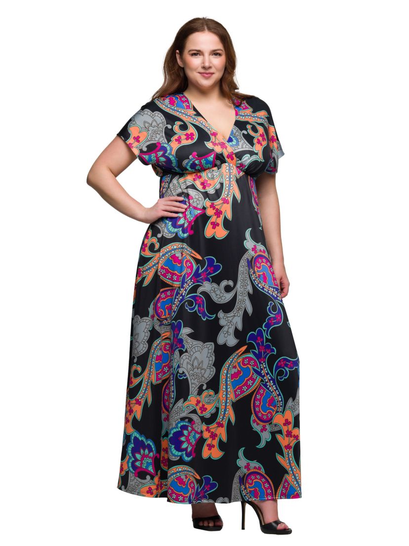 Plus Size Black Paisley Print V Neck Empire Waist Cap Sleeve Maxi Dress