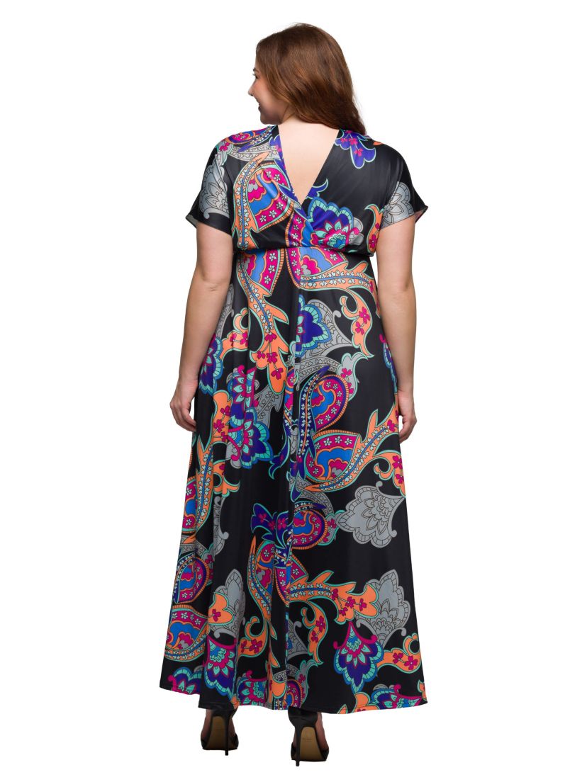 Plus Size Black Paisley Print V Neck Empire Waist Cap Sleeve Maxi Dress