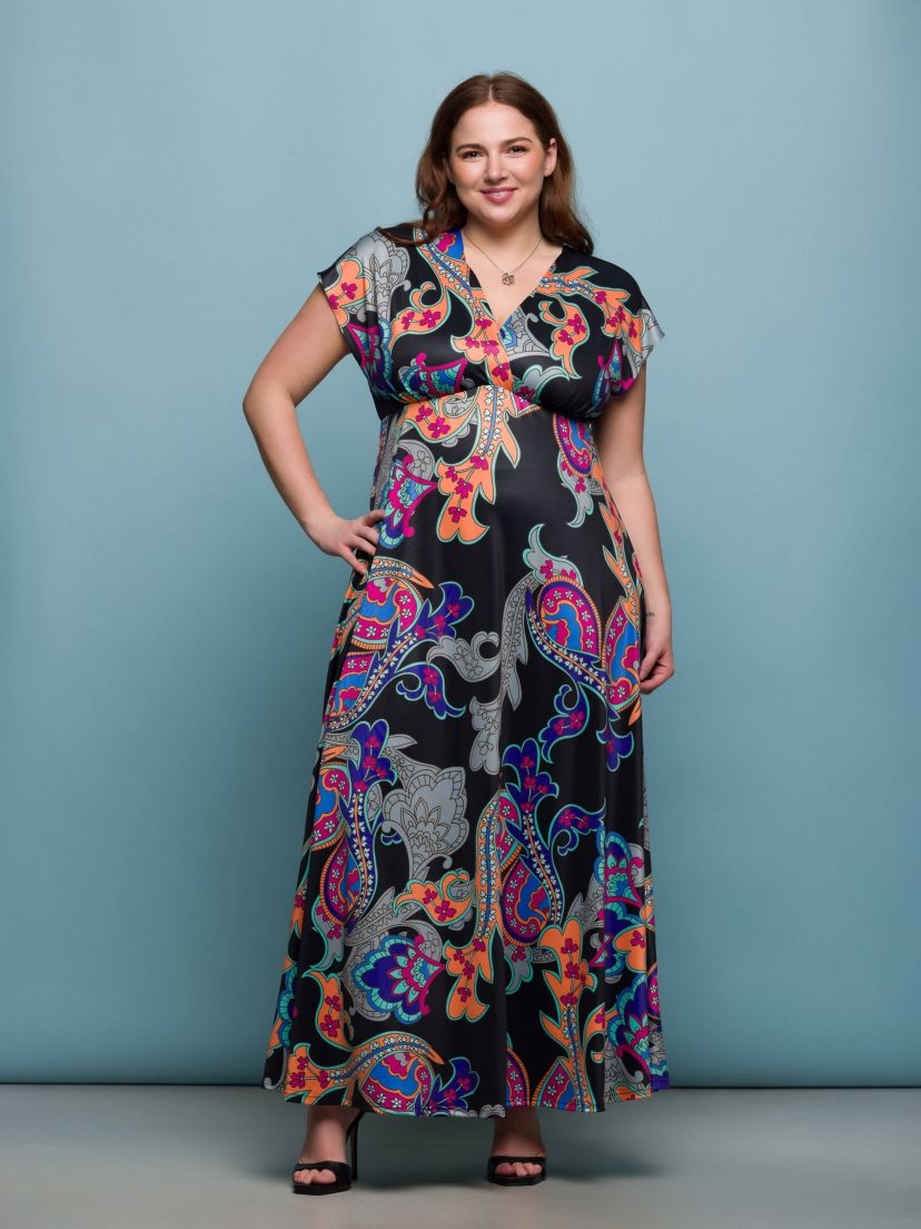 Plus Size Black Paisley Print V Neck Empire Waist Cap Sleeve Maxi Dress