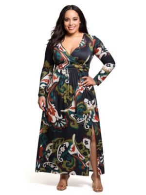 24seven Comfort Apparel Womens Plus Size Paisley Print Long Sleeve Wrap Maxi Dress