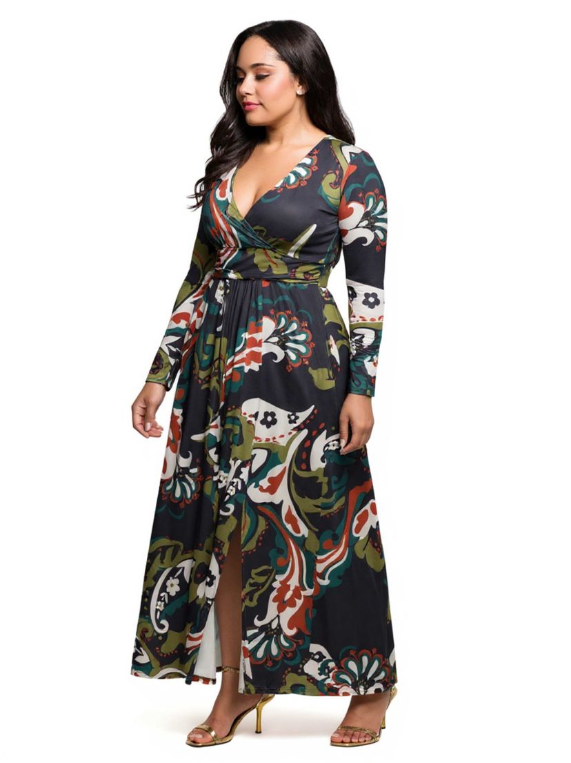 Womens Plus Size Paisley Print Long Sleeve Wrap Maxi Dress