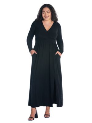 24seven Comfort Apparel Long Sleeve Side Slit Fitted Black Maxi Dress