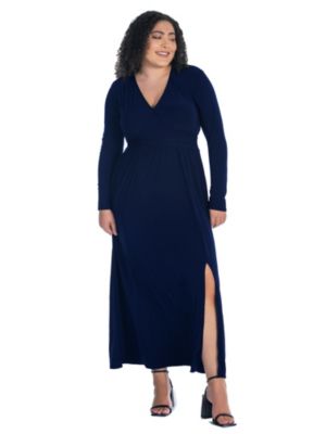 24seven Comfort Apparel Women's Plus Size Long Sleeve V Neck Side Slit Maxi Dress