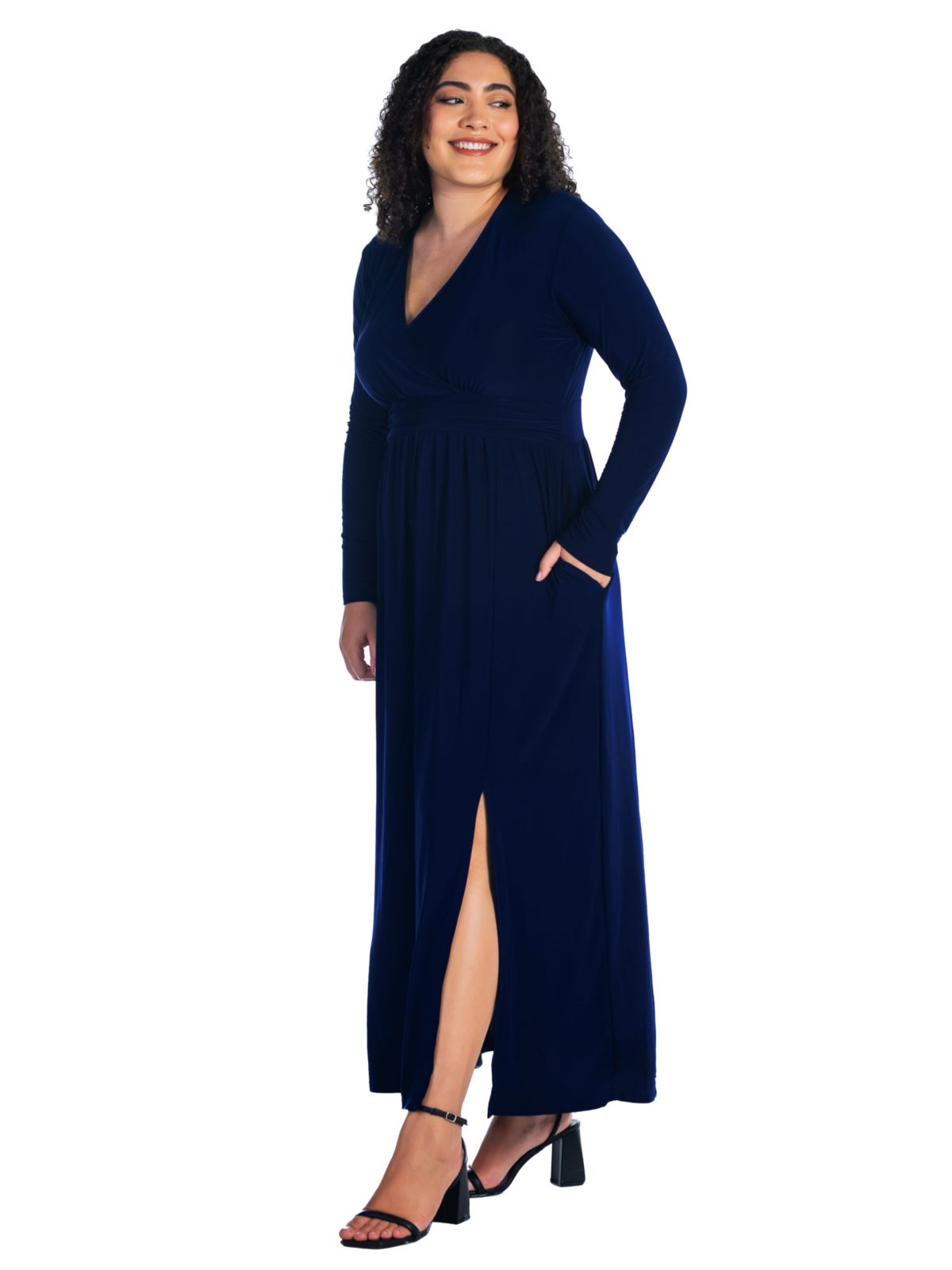 Plus Size Long Sleeve V Neck Side Slit Maxi Dress
