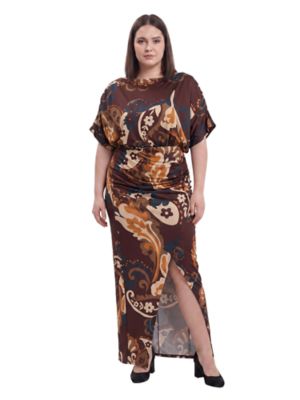 24seven Comfort Apparel Women's Elevate Curvy Floral Paisley Boat Neck Batwing Sleeve Bodycon Front Slit Long Maxi Dress