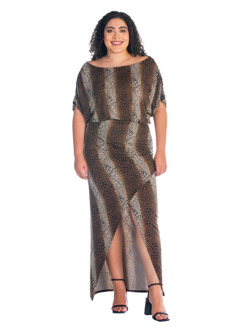 Plus Size Boat Neck Batwing Sleeve Slit Maxi Dress