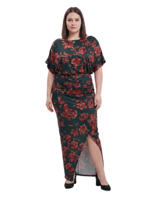 24seven Comfort Apparel Women's Elevate Curvy Floral Short Batwing Sleeve Boat Neck Ruched Waist Long Maxi Dress