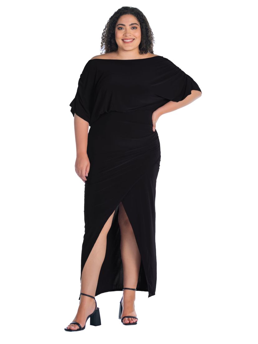 Plus Size Boat Neck Batwing Sleeve Slit Maxi Dress