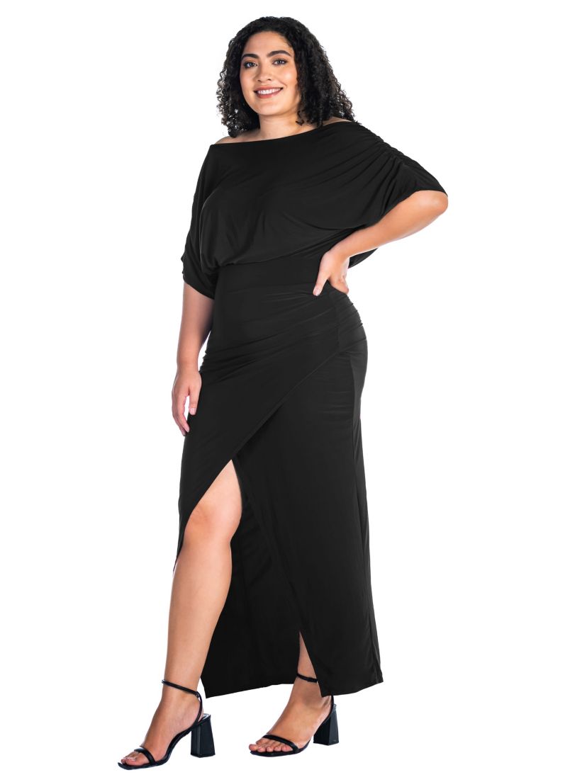 Plus Size Boat Neck Batwing Sleeve Slit Maxi Dress