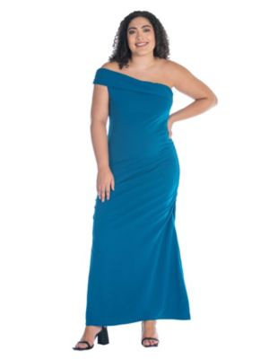 24seven Comfort Apparel Women's Plus Size Formal One Shoulder Rouched Mermaid Maxi Dress, Teal, 3X