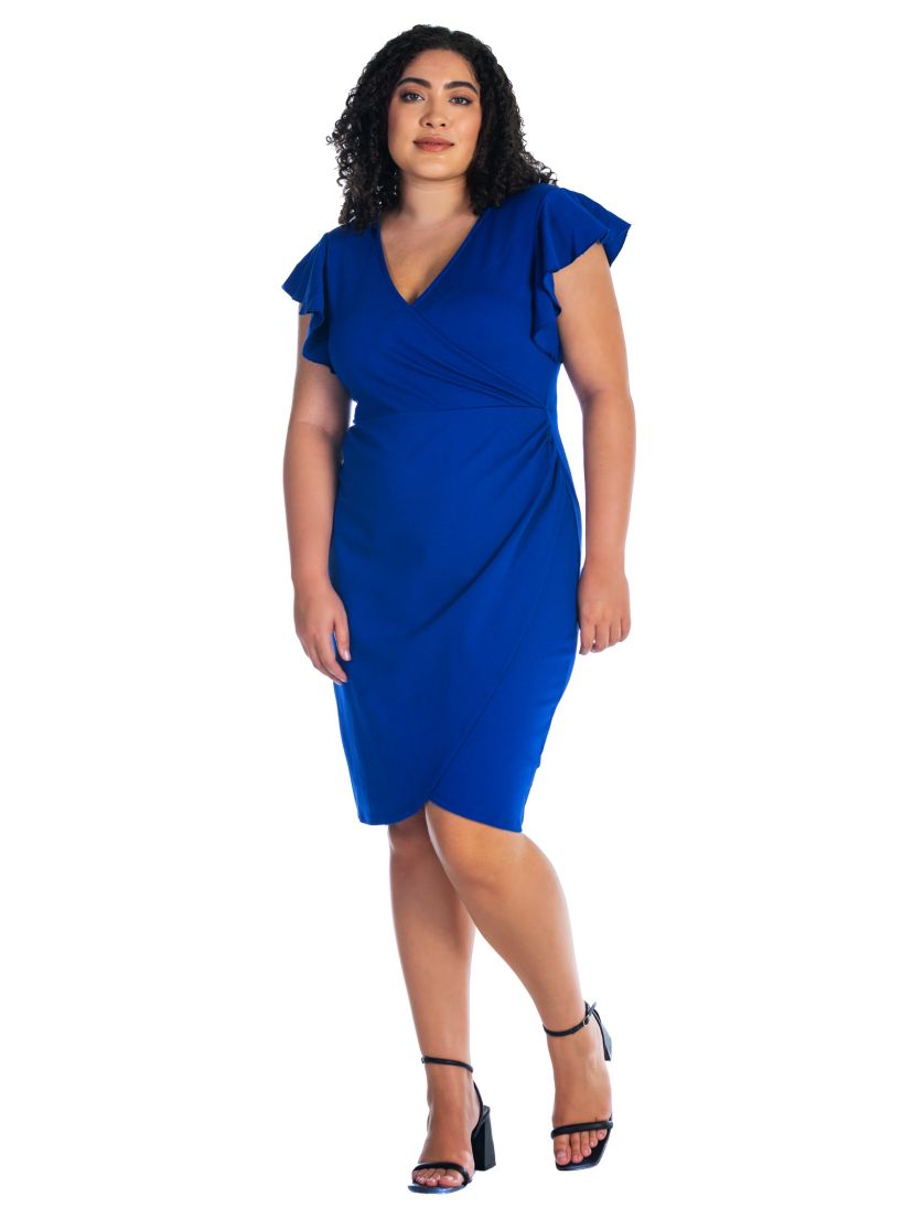 Plus Size V Neck Ruffle Sleeve Knee Length Dress
