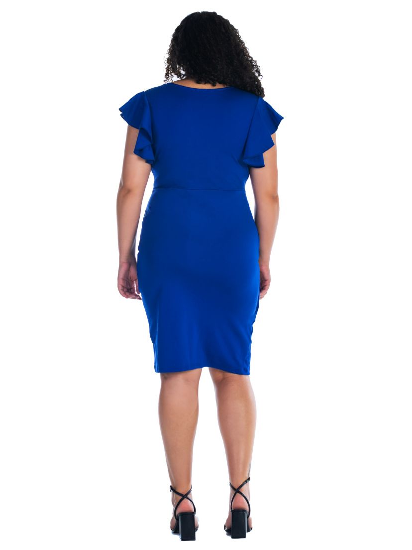 Plus Size V Neck Ruffle Sleeve Knee Length Dress