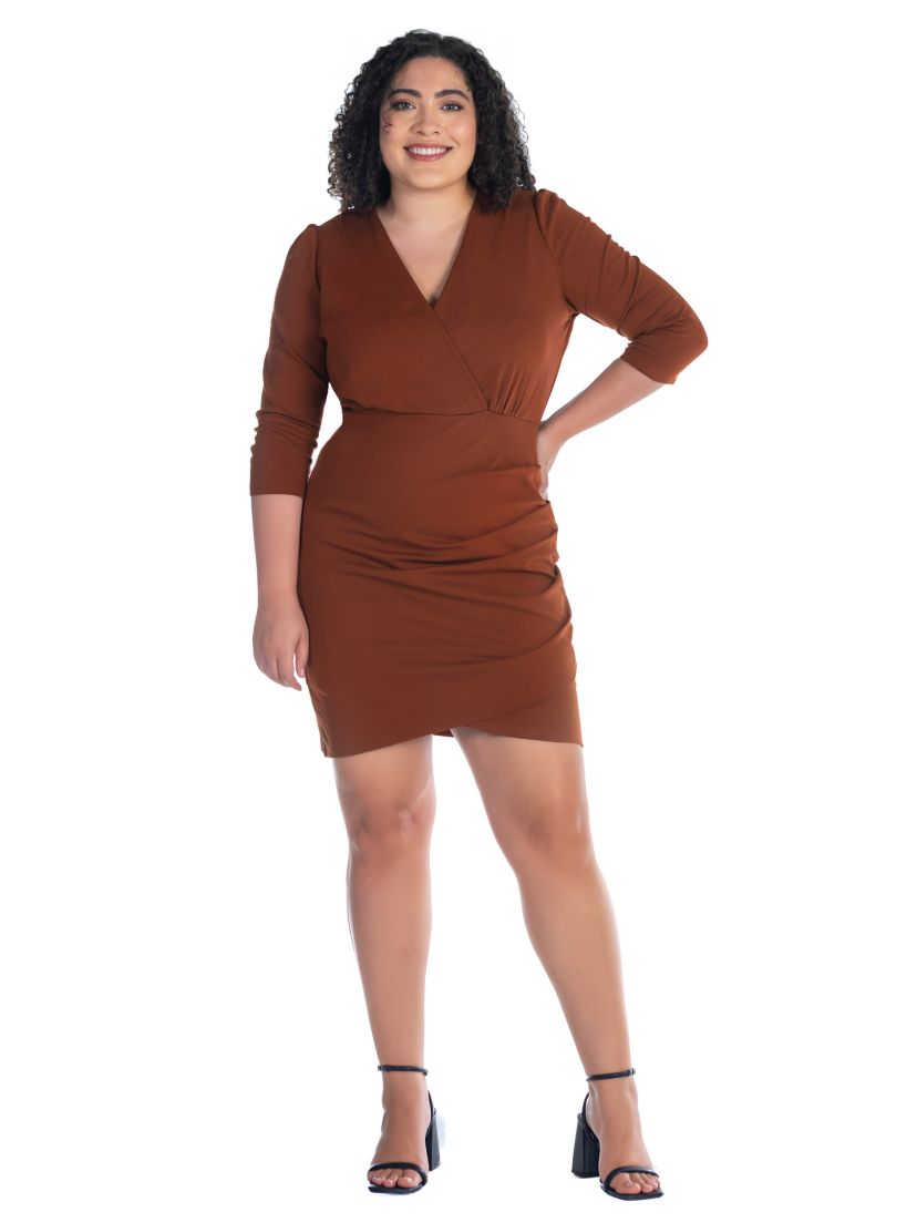 Plus Size V Neck Elbow Sleeve Knee Length Cocktail Dress