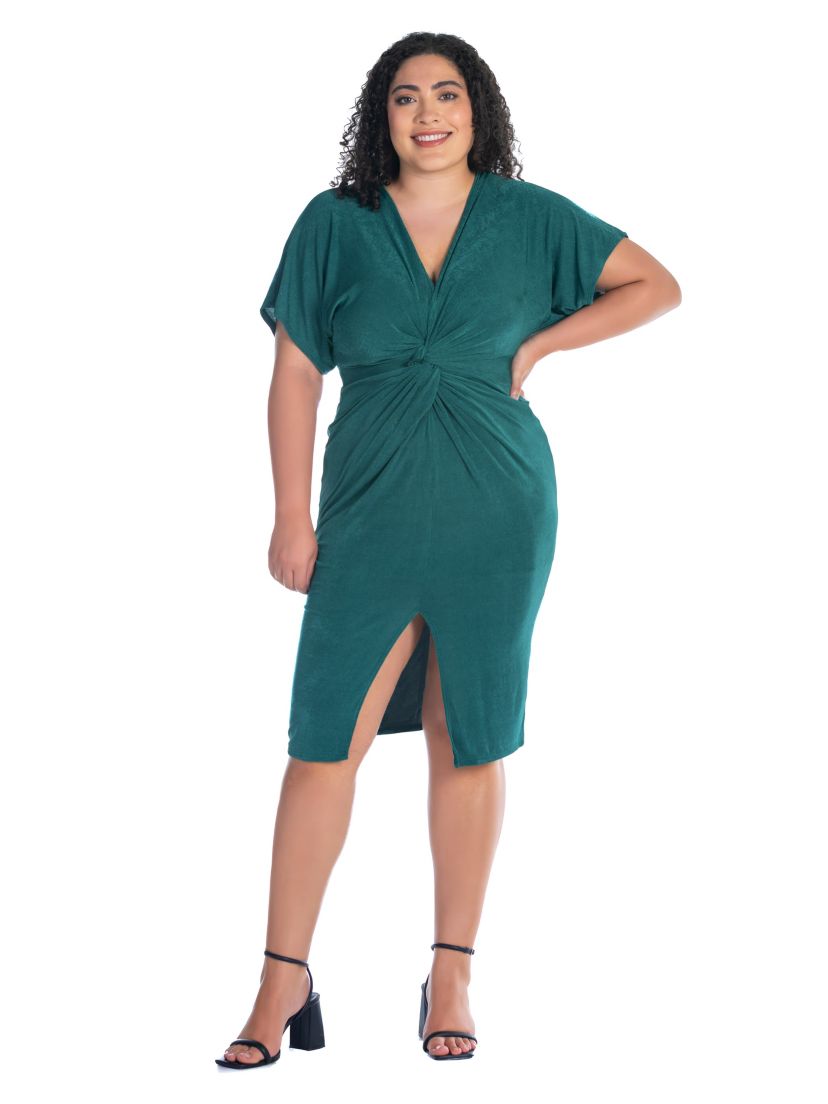 Plus Size Short Sleeve V Neck Twist Front Split Hem Dress