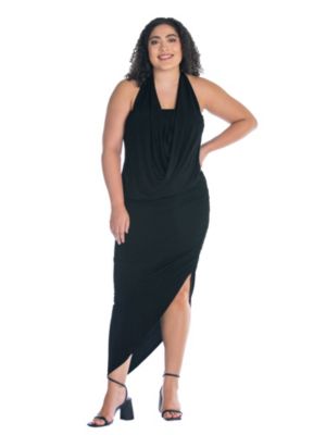 24seven Comfort Apparel Women's Plus Size Cowl Neck Long Asymmetrical Backless Halter Dress, Black, 3X