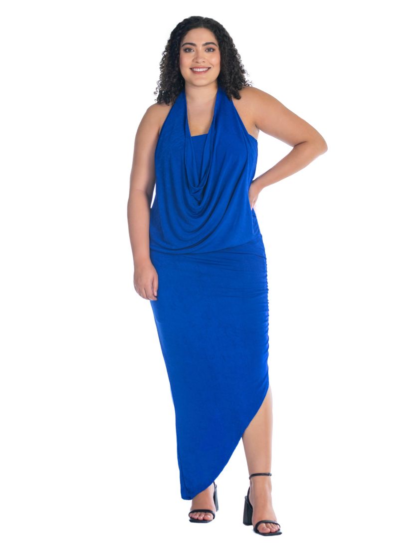 Plus Size Cowl Neck Long Asymmetrical Backless Halter Dress
