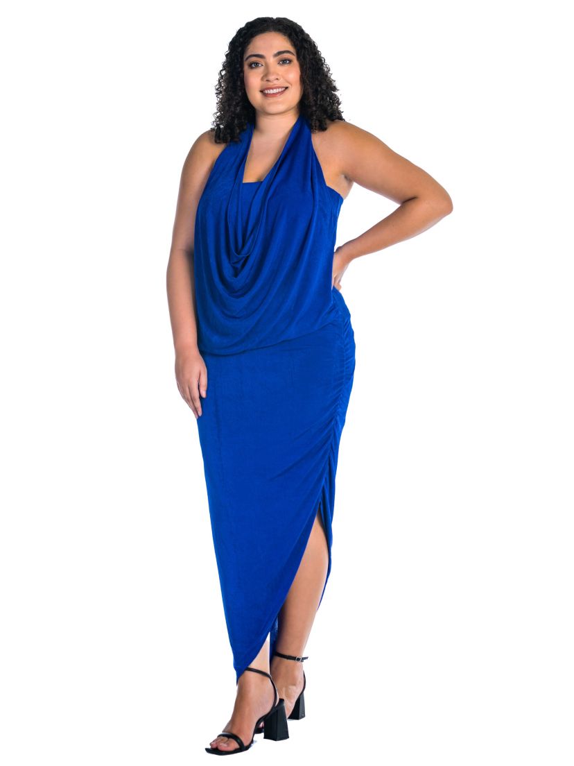 Plus Size Cowl Neck Long Asymmetrical Backless Halter Dress